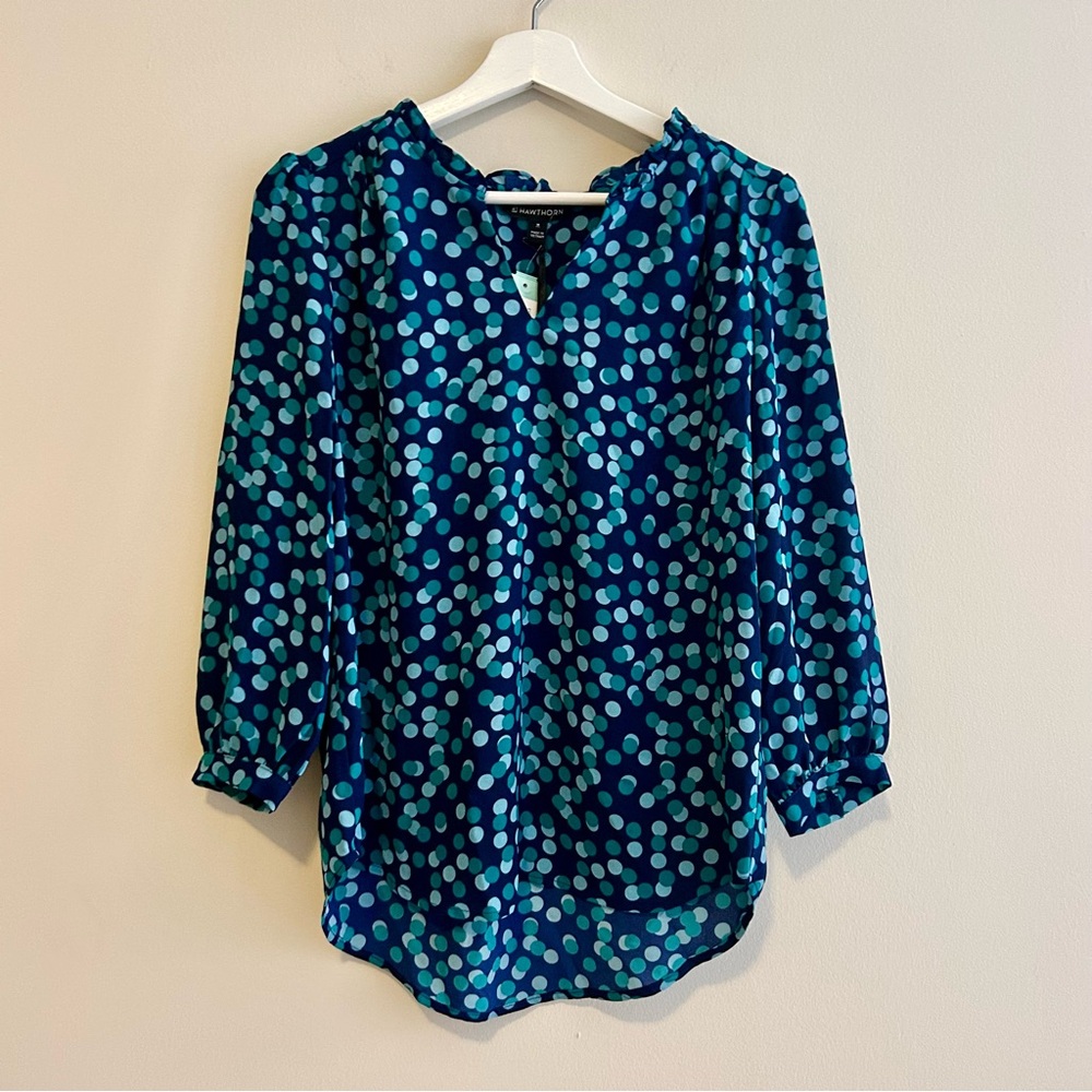 41 Hawthorn Blouse Teal Navy Blue Polka Dot Tiff Ruffle Trim Chiffon Medium